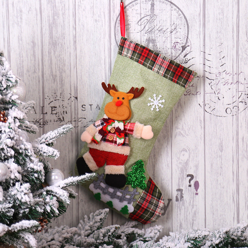Christmas Decorations Dancing Santa Claus/Snowman/Elk Plaid Linen Christmas Socks