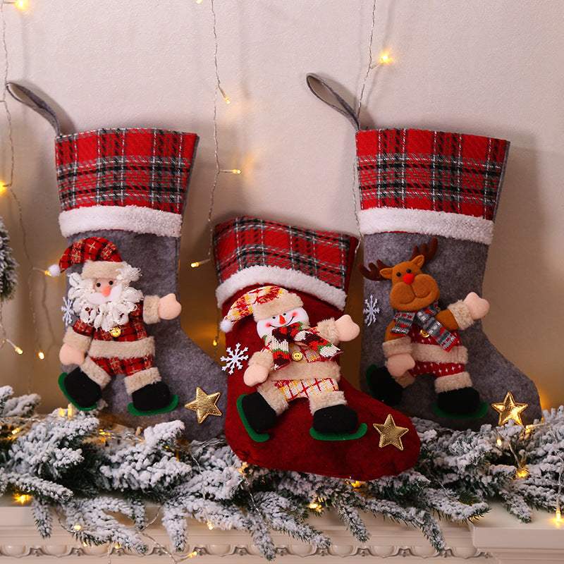 Christmas Decorations Snowman/Santa Claus/Elk/Polar Bear Large Plaid Christmas Socks Children's Gift