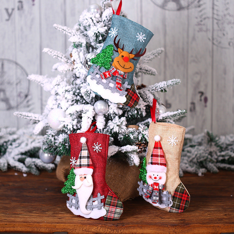 Christmas Tree Pendant Ornaments Santa Snowman Elk Bear with Scarf and Hat Linen Christmas Socks Gift Bags