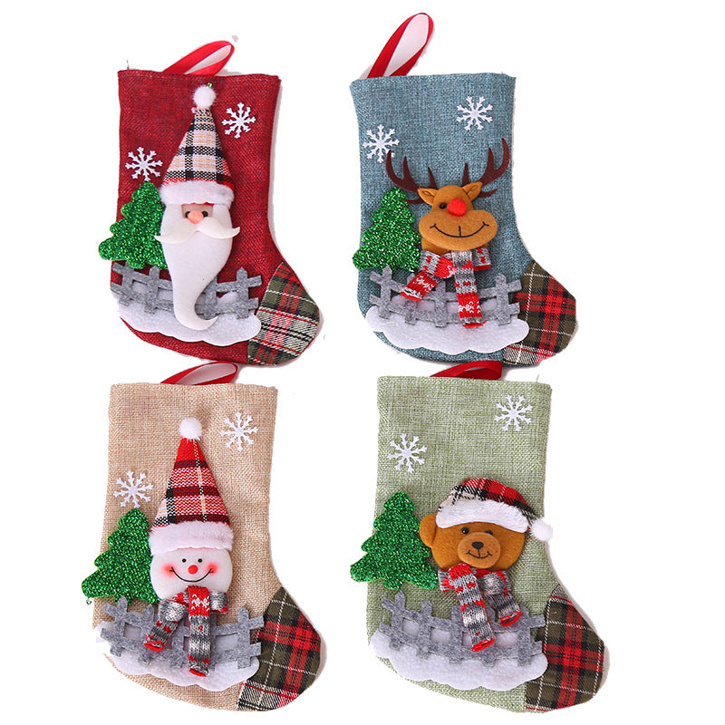 Christmas Tree Pendant Ornaments Santa Snowman Elk Bear with Scarf and Hat Linen Christmas Socks Gift Bags