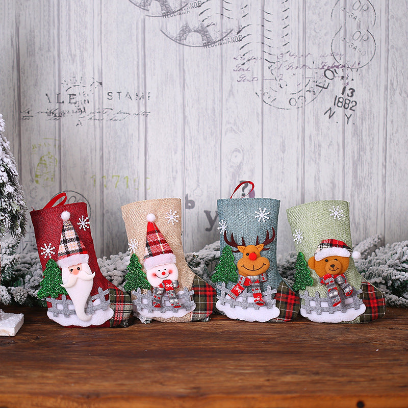 Christmas Tree Pendant Ornaments Santa Snowman Elk Bear with Scarf and Hat Linen Christmas Socks Gift Bags