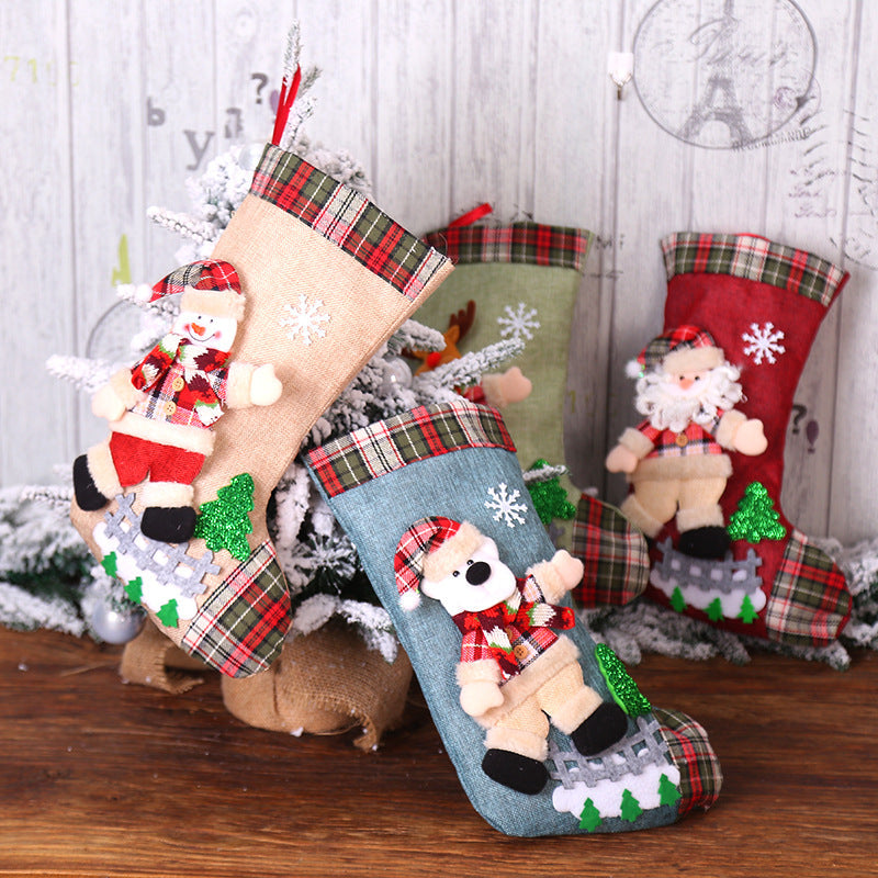 Christmas Decorations Dancing Santa Claus/Snowman/Elk Plaid Linen Christmas Socks