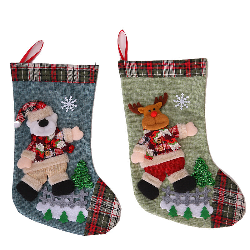 Christmas Decorations Dancing Santa Claus/Snowman/Elk Plaid Linen Christmas Socks