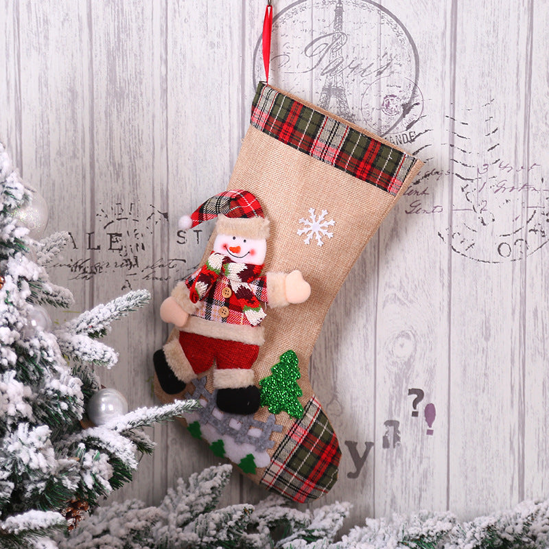 Christmas Decorations Dancing Santa Claus/Snowman/Elk Plaid Linen Christmas Socks