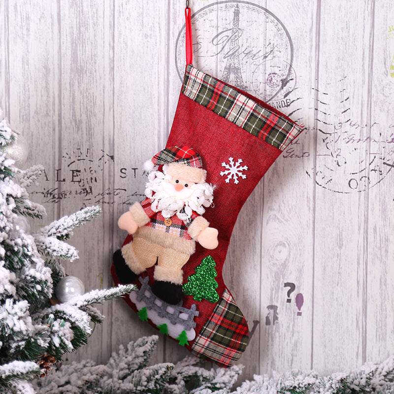 Christmas Decorations Dancing Santa Claus/Snowman/Elk Plaid Linen Christmas Socks