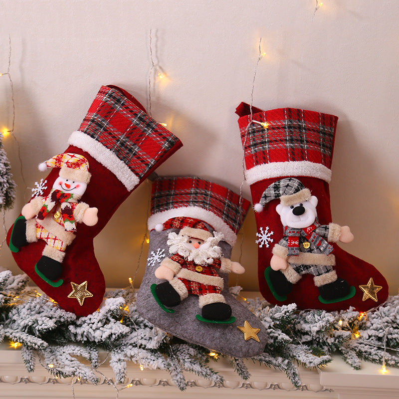 Christmas Decorations Snowman/Santa Claus/Elk/Polar Bear Large Plaid Christmas Socks Children's Gift