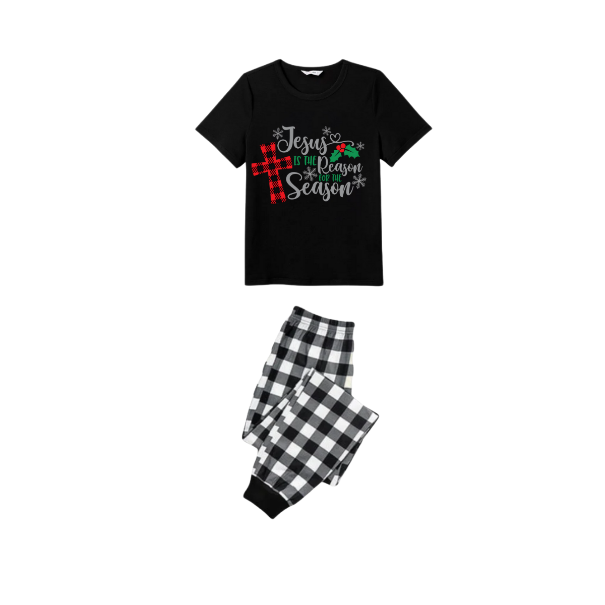 Jesus Is The Reason For The Season Cross Family Christmas Pajamas Set - Black Top Black and White Plaid Pants Red Plaid Cross Graphic