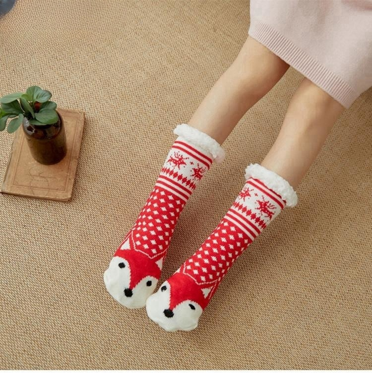 Christmas Floor Socks Adult Plus Fleece Home Sleeping Socks Carpet Sock Leg Cover Non-Slip