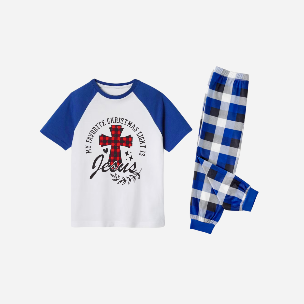 My Favorite Christmas Light Is Jesus Family Christmas Pajamas Set - White Top with Blue Sleeves and Blue Plaid Pants