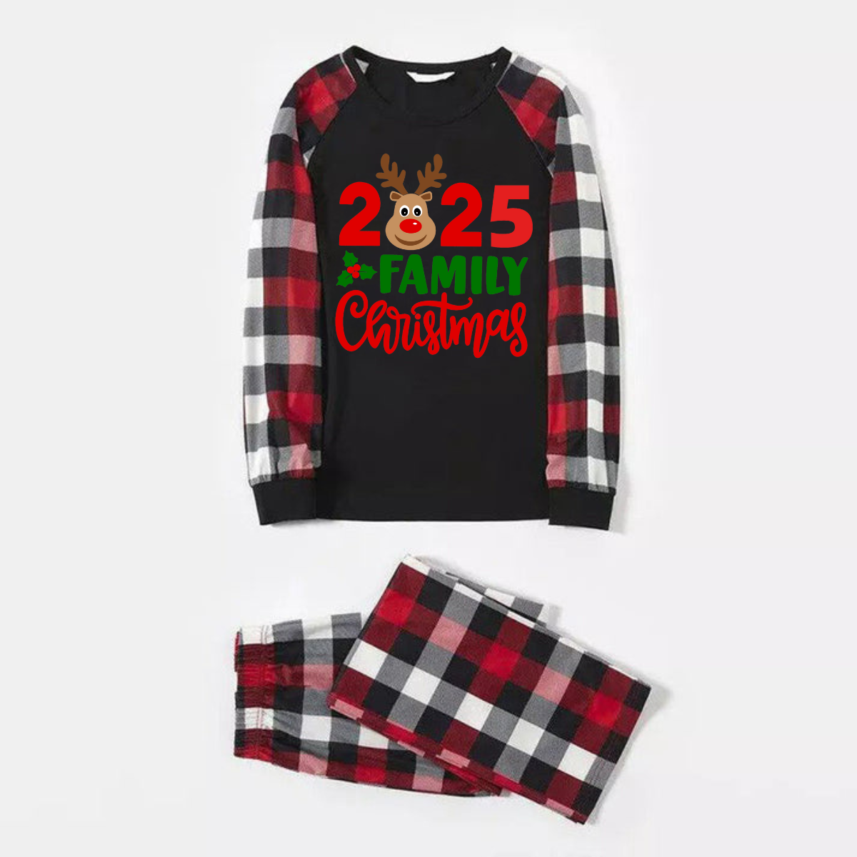 "2025 Family Christmas" Moose Letter Prints Red & Black & Grey & White Plaid Family Matching Pajamas