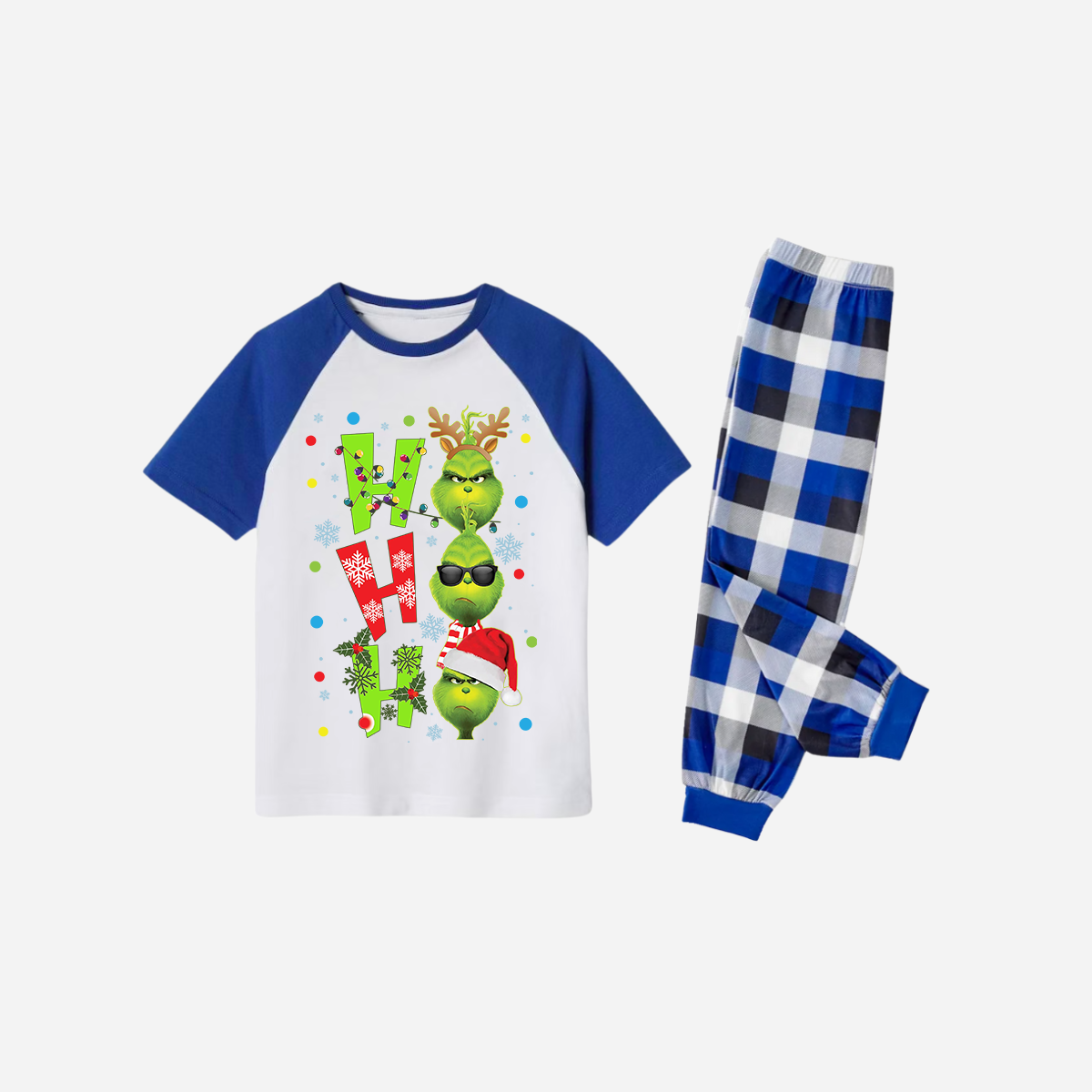 Blue Plaid Short Sleeve Christmas Pajamas Set With "ho ho ho" and Christmas Grinch Print