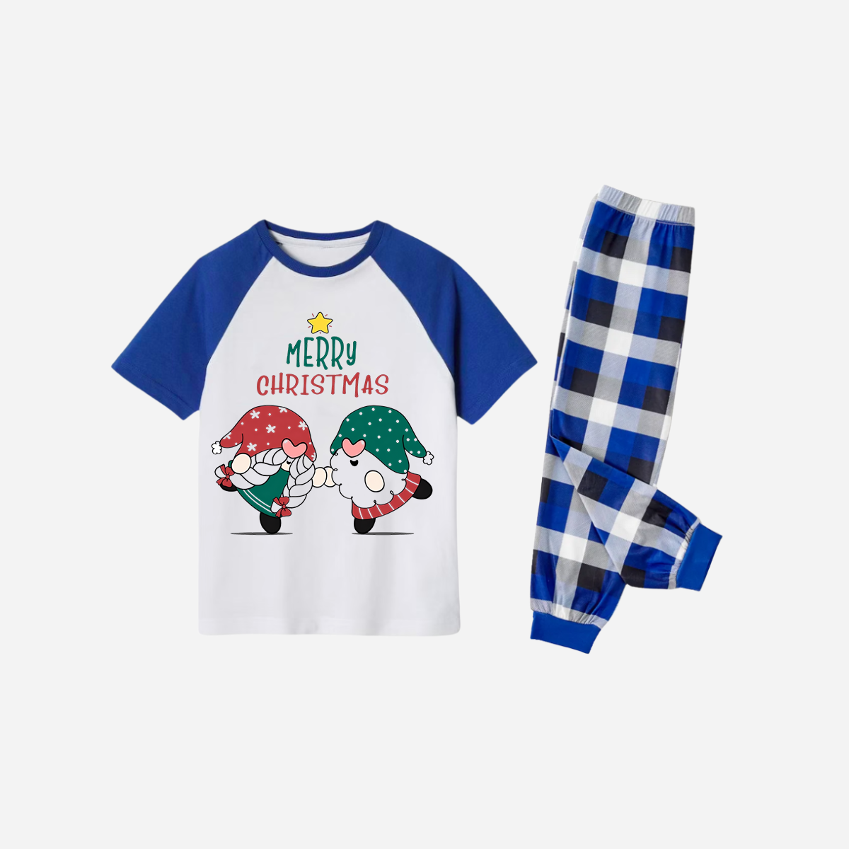Blue Plaid Short Sleeve Christmas Pajamas Set With Gnome and Merry Christmas Text Print