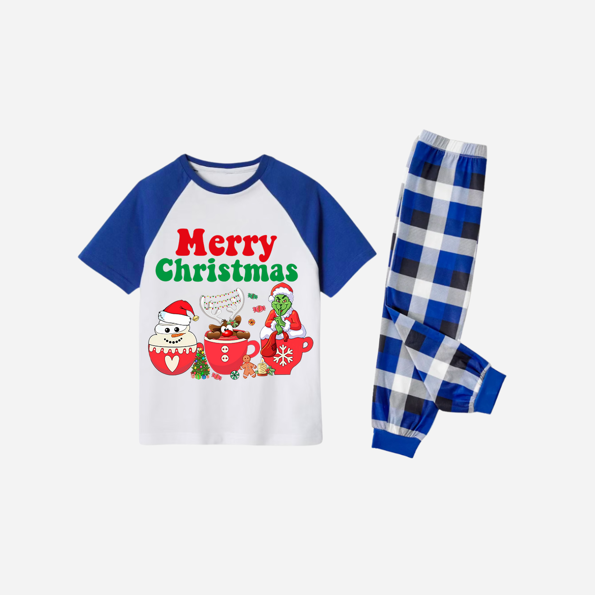 Blue Plaid Short Sleeve Christmas Pajamas Set With "Merry Christmas" and Cartoon Pattern Print