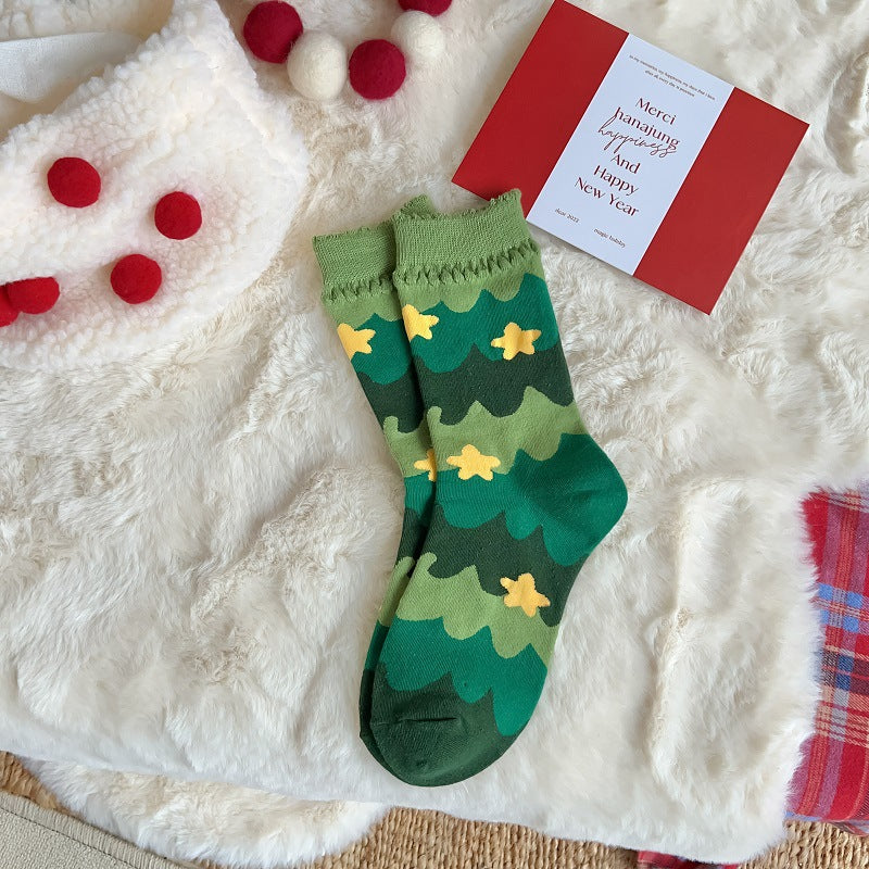 New Women's Mid Calf Socks Christmas Cute Cartoon Embossed Couple Socks Japanese Socks