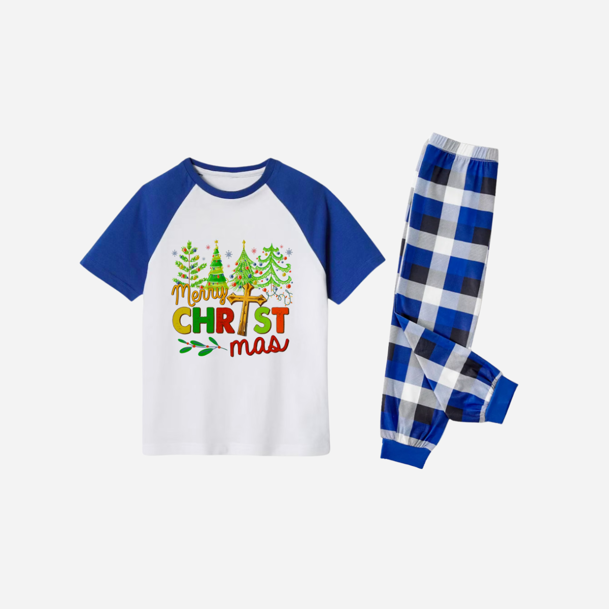 Merry Christmas Trees Family Christmas Pajamas Set - White Top with Blue Sleeves and Blue Plaid Pants