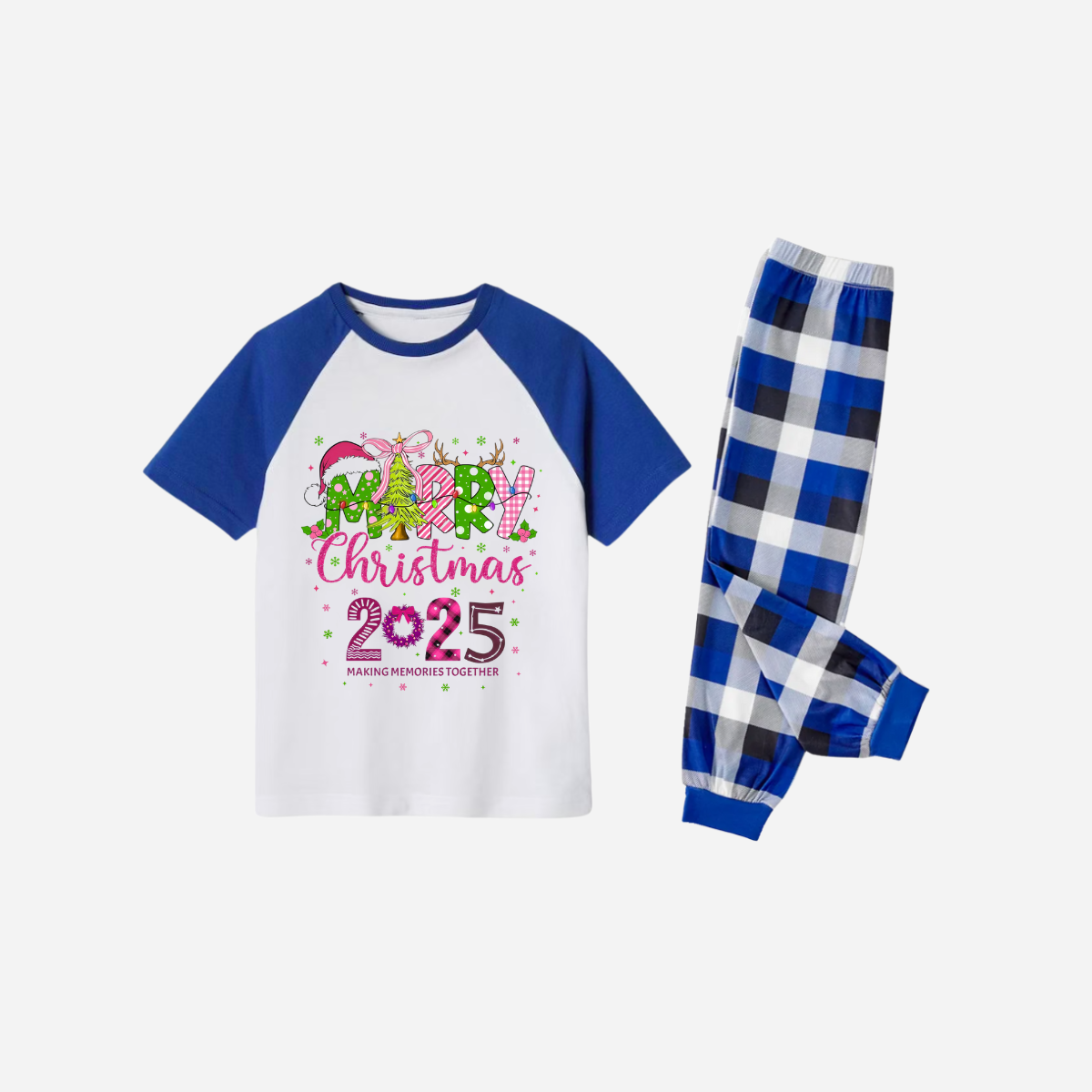 Merry Christmas 2025 Family Christmas Pajamas Set - White Top with Blue Sleeves and Blue Plaid Pants