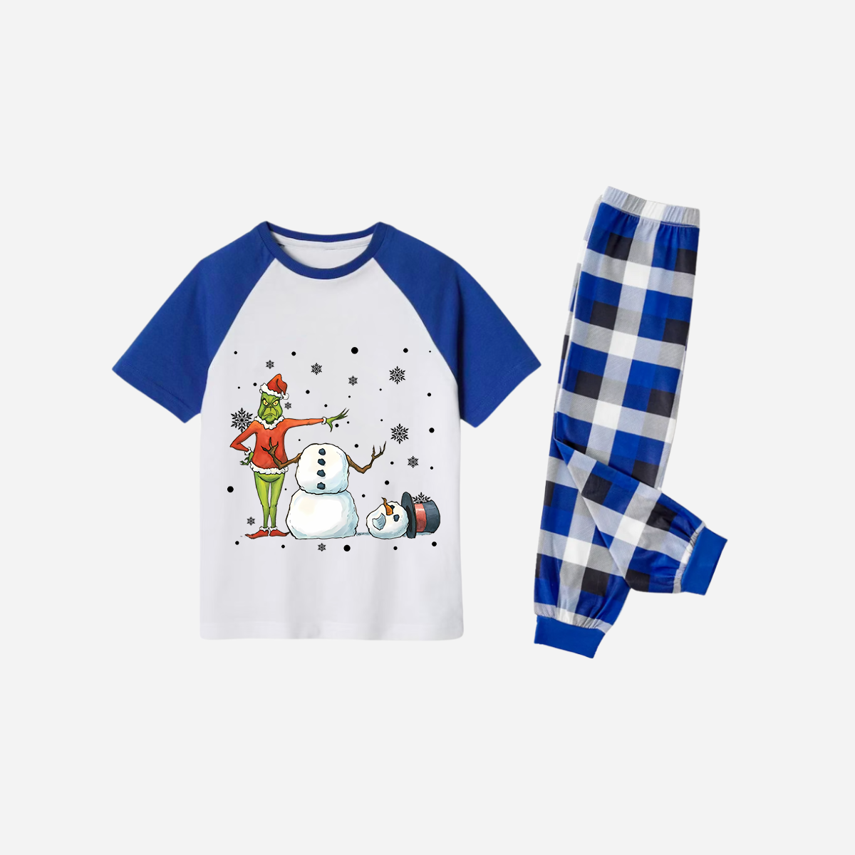 Blue Plaid Short Sleeve Christmas Pajamas Set With Snowman and Christmas Grinch Print