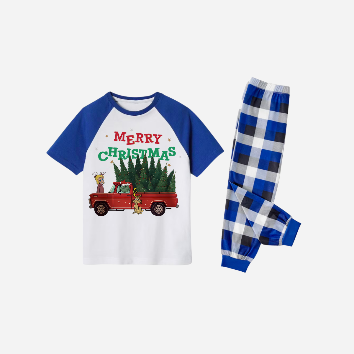 Blue Plaid Short Sleeve Christmas Pajamas Set With "Merry Christmas" and Christmas Tree Print