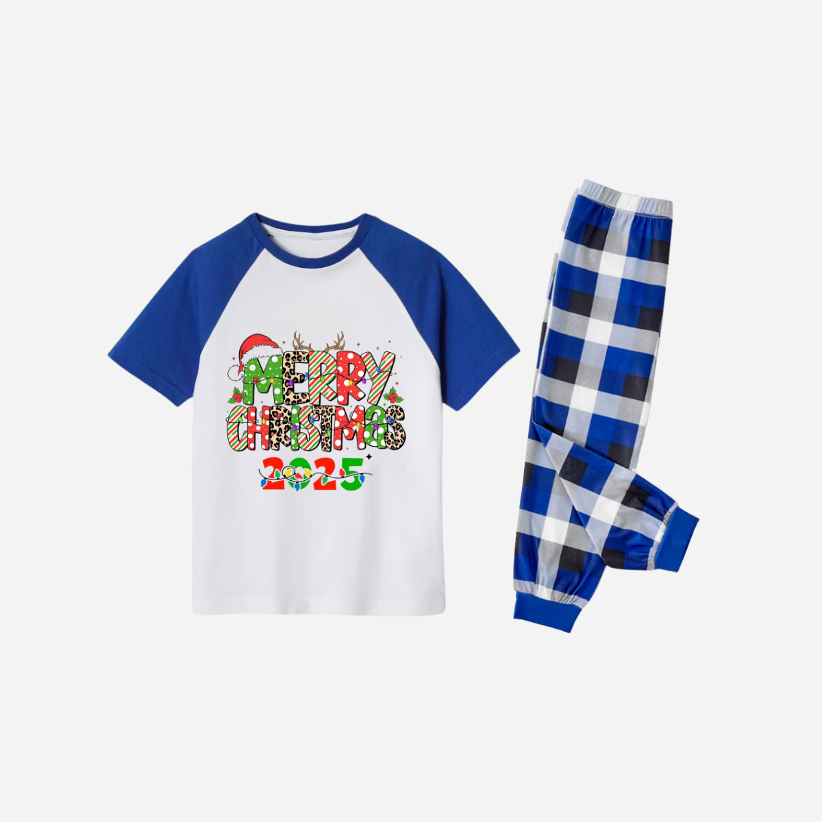Merry Christmas 2025 Family Christmas Pajamas Set - White Top with Blue Sleeves and Blue Plaid Pants