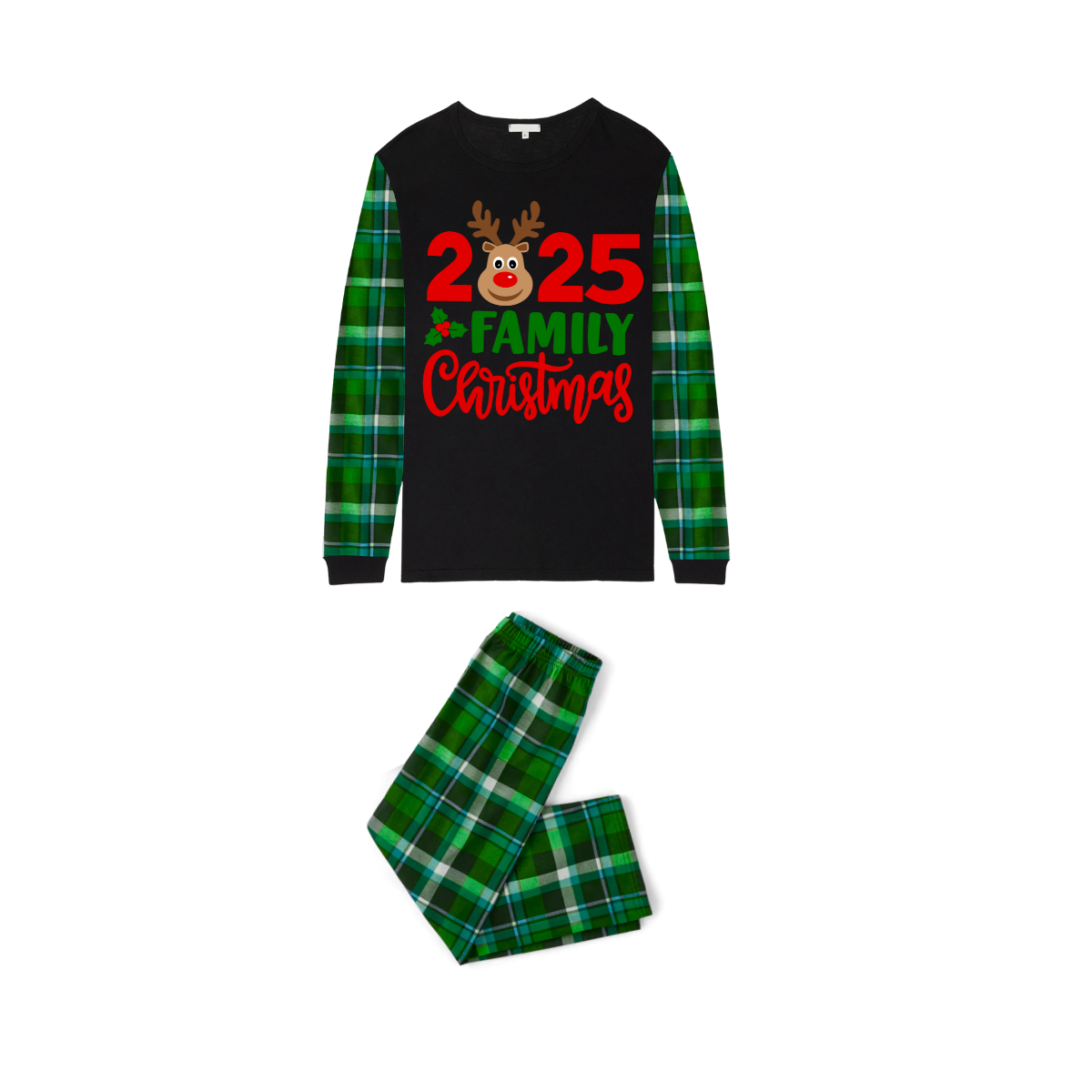 2025 Reindeer Family Christmas Family Pajamas Set - Black Top / Green Plaid Pants / Green Plaid Sleeves