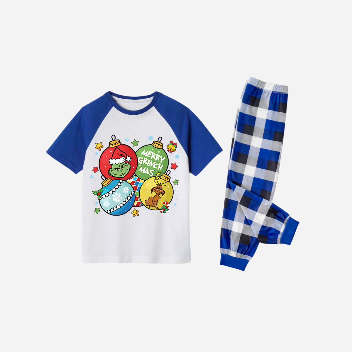 Blue Plaid Short Sleeve Christmas Pajamas Set With Ball Ornaments and Grinch Print