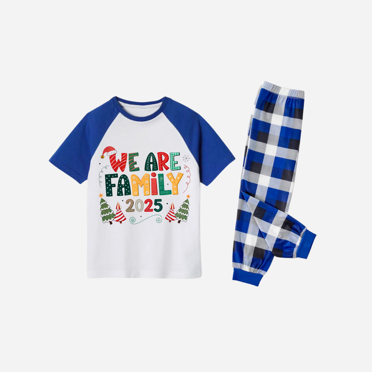 Blue Plaid Short Sleeve Christmas Pajamas Set With "We are Family" Colorful Text Print