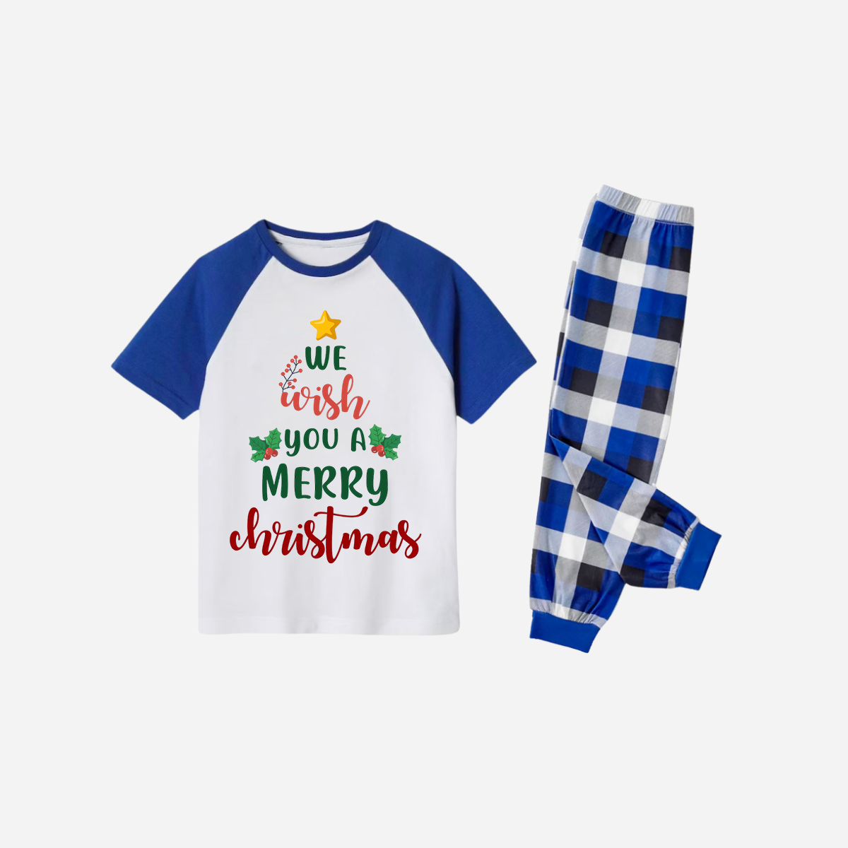 Blue Plaid Short Sleeve Christmas Pajamas Set With "We Wish You a Merry Christmas" Text Print