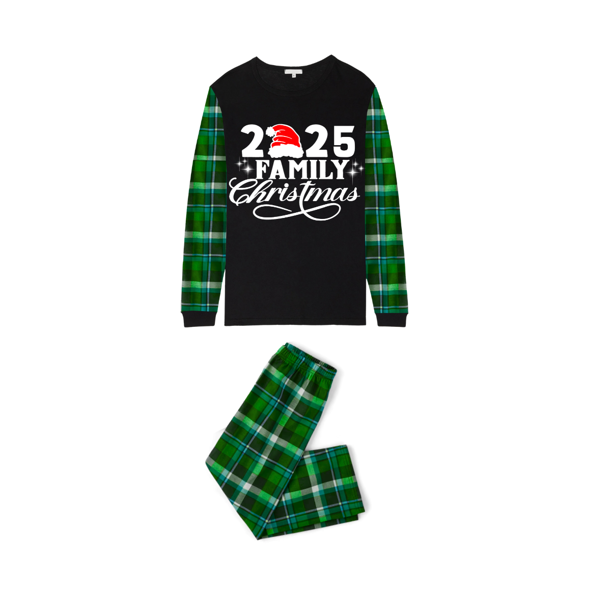 Christmas 2025 Family Matching Family Pajamas Set - Black Top, Green Pants, Green Plaid Pattern