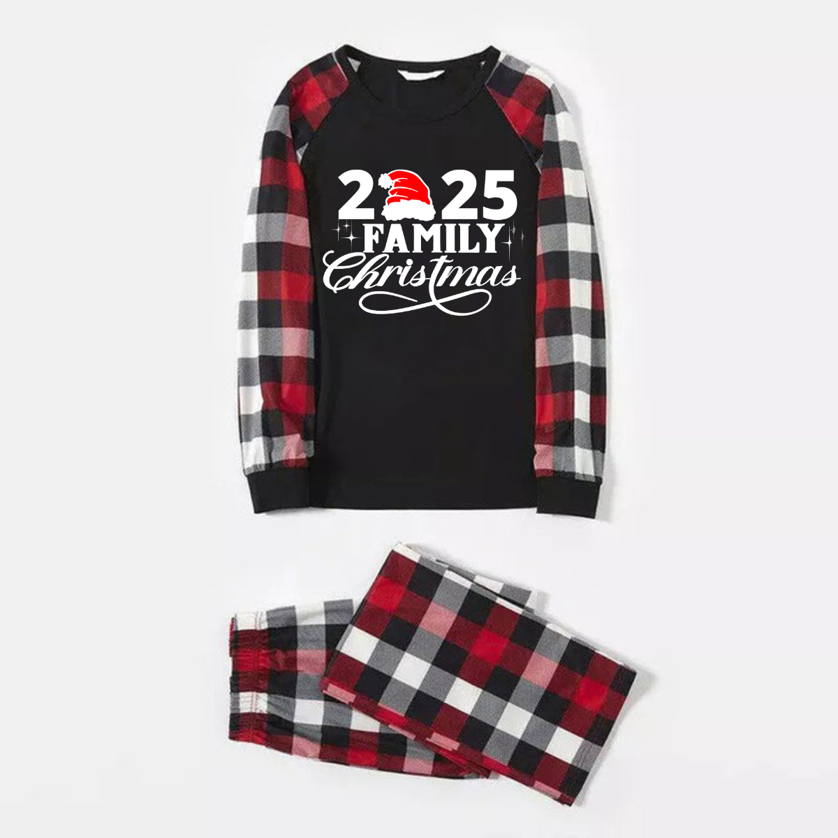 "2025 Family Christmas" Letter Print Red & Black & Grey & White Plaid Family Matching Pajamas