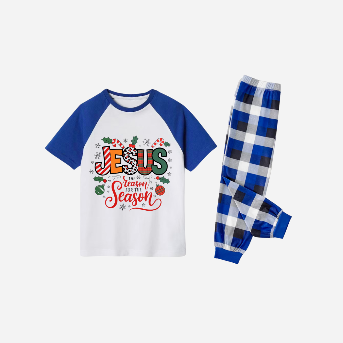 "Jesus is the REASON for the Season" Matching Christmas Short Pajamas Set - Blue and White Plaid Pajamas
