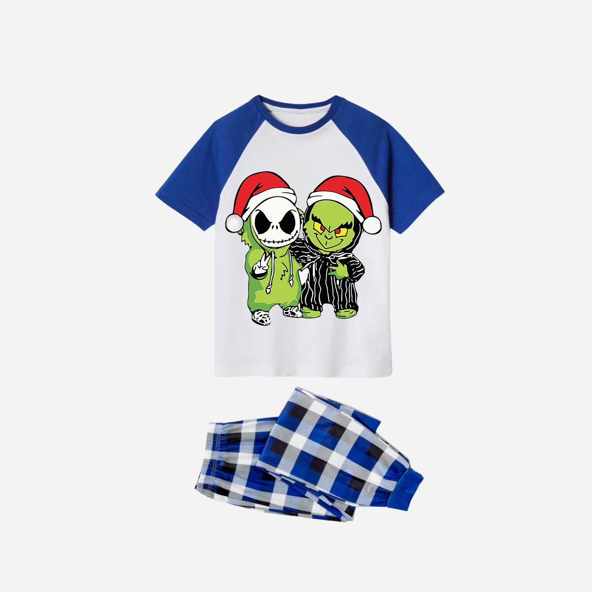 Blue Plaid Short Sleeve Christmas Pajamas Set With Grinch and Cartoon Pattern Print