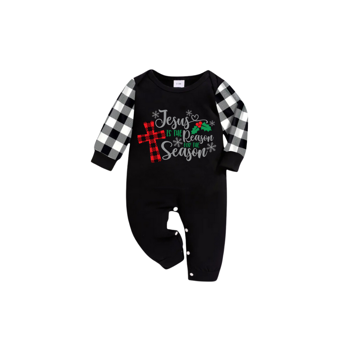 Jesus Is The Reason For The Season Cross Family Christmas Pajamas Set - Black Top Black and White Plaid Pants Red Plaid Cross Graphic