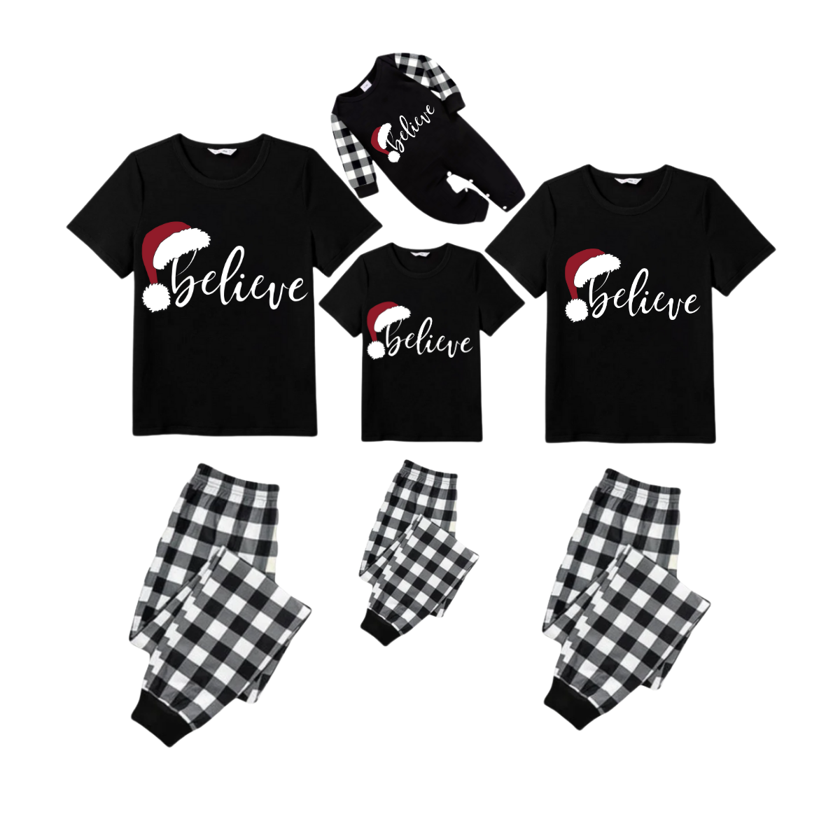 Believe Family Christmas Pajamas Set - Black Top Black and White Plaid Pants White Text Graphic