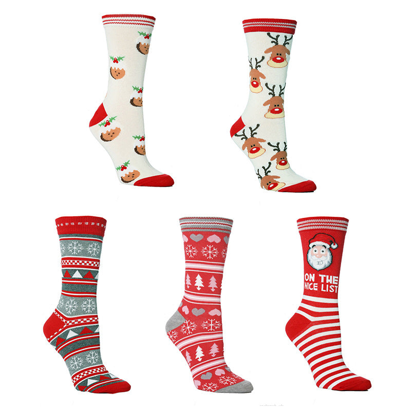 Christmas New Elk Santa Claus Snowflake Triangle Love Bell Long Cotton Socks 3/6Pairs
