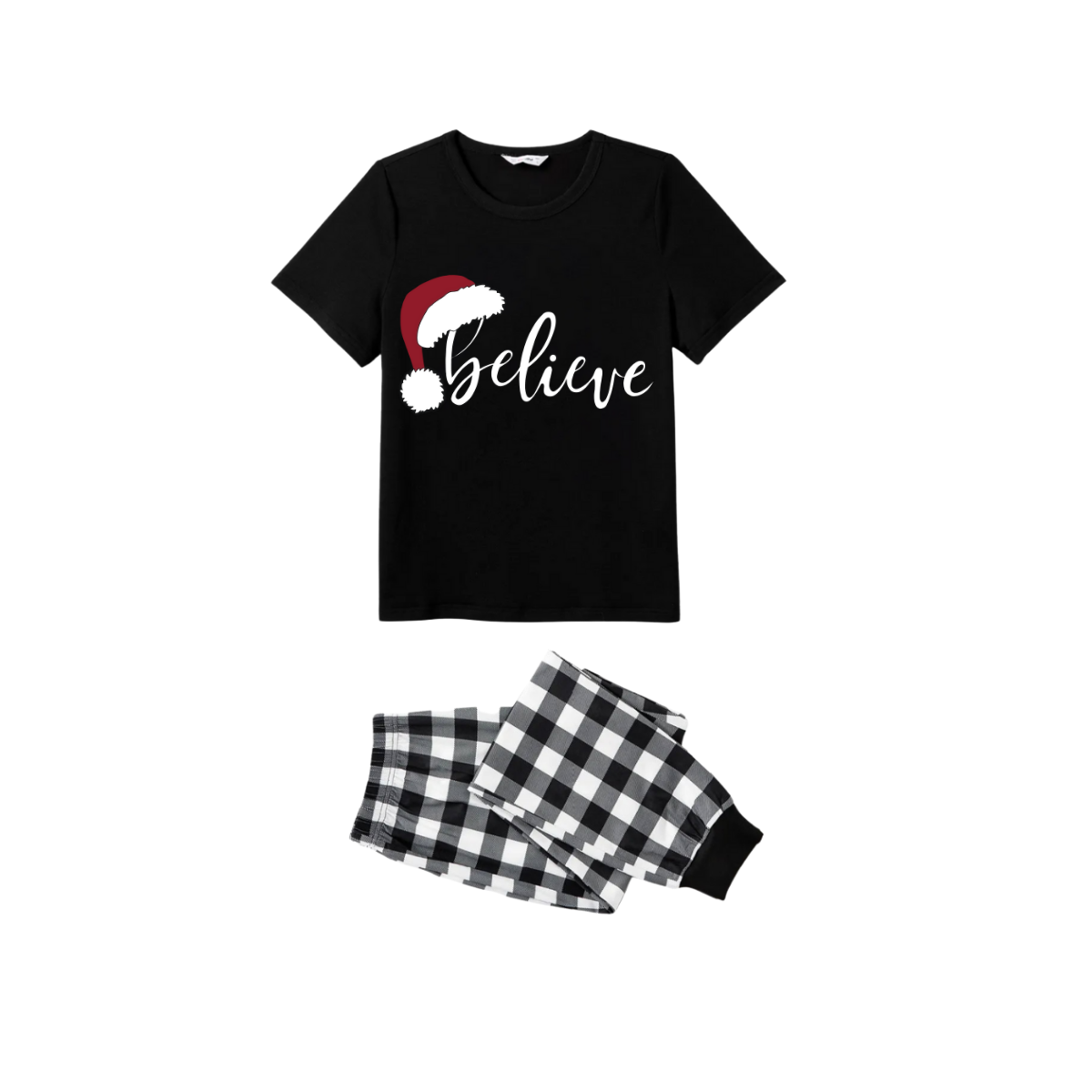 Believe Family Christmas Pajamas Set - Black Top Black and White Plaid Pants White Text Graphic