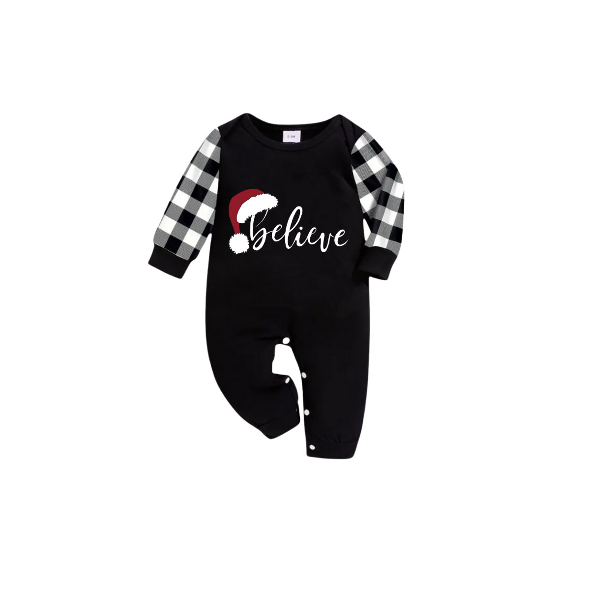 Believe Family Christmas Pajamas Set - Black Top Black and White Plaid Pants White Text Graphic
