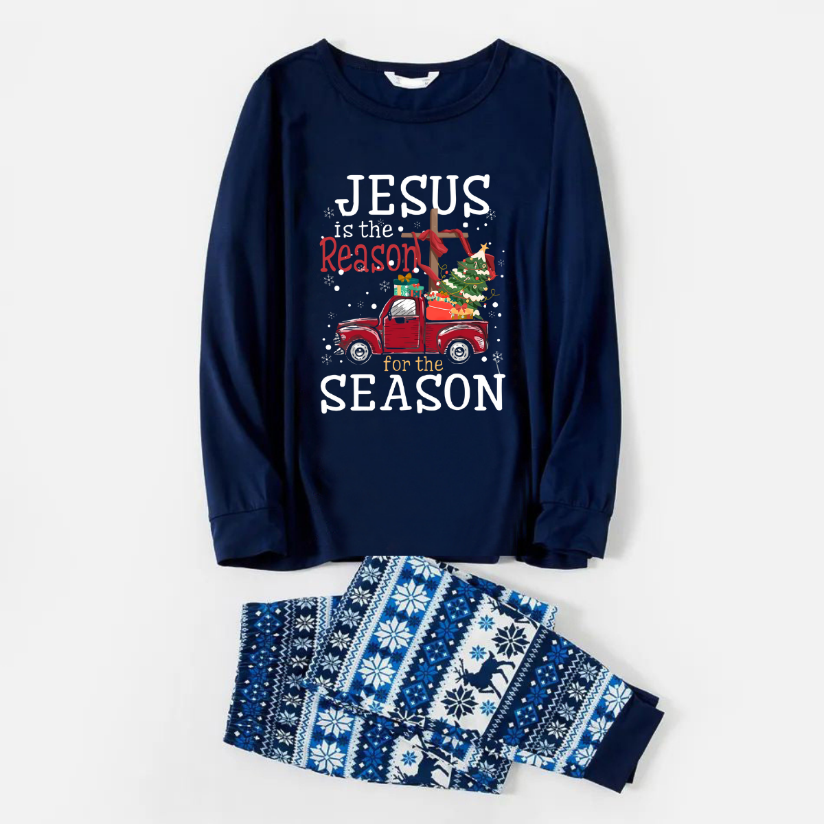 Joyful Blue Christmas Pajamas Set With "Jesus is the Reason for the Season" Text Print