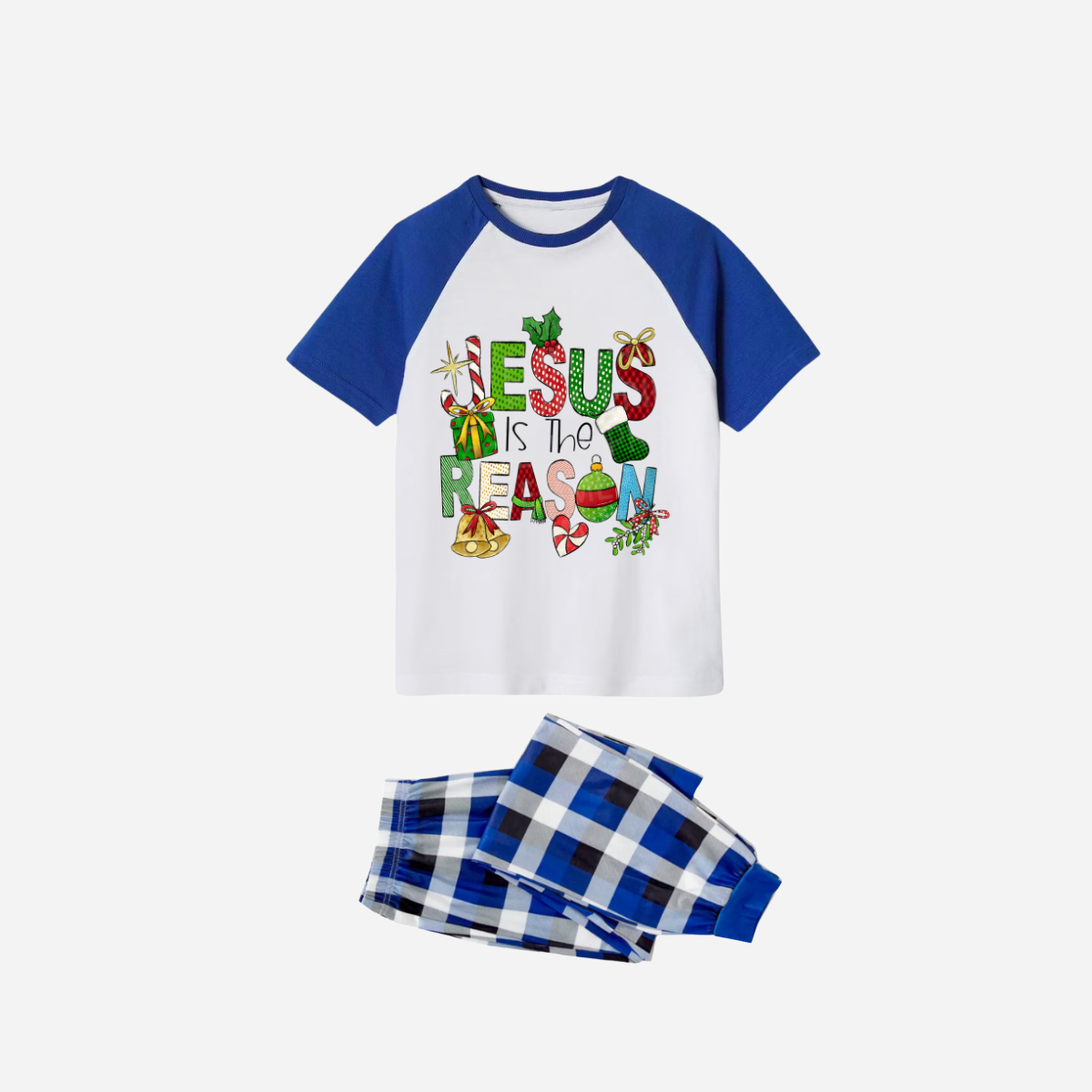 Christmas Cartoon Family Christmas Pajamas Set - White Top with Blue Sleeves and Blue Plaid Pants and “Jesus is the Reason” Design