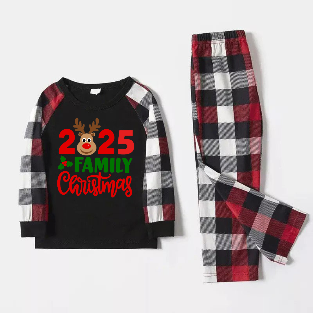 "2025 Family Christmas" Moose Letter Prints Red & Black & Grey & White Plaid Family Matching Pajamas