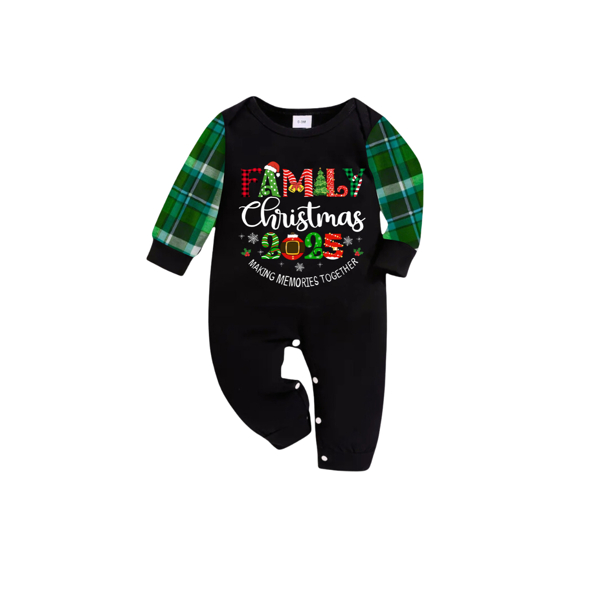 Family Christmas 2025 Making Memories Family Pajamas Set - Black Top, Green Pants, Green-Blue Plaid Sleeves