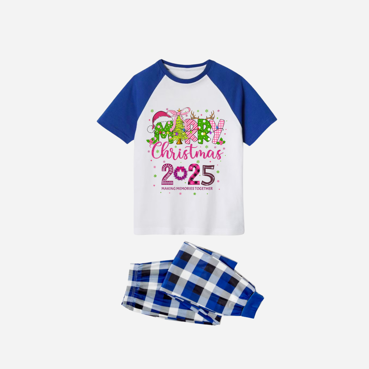 Merry Christmas 2025 Family Christmas Pajamas Set - White Top with Blue Sleeves and Blue Plaid Pants