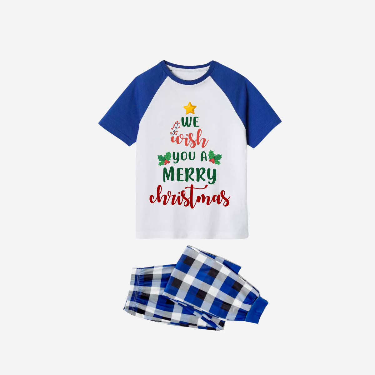 Blue Plaid Short Sleeve Christmas Pajamas Set With "We Wish You a Merry Christmas" Text Print