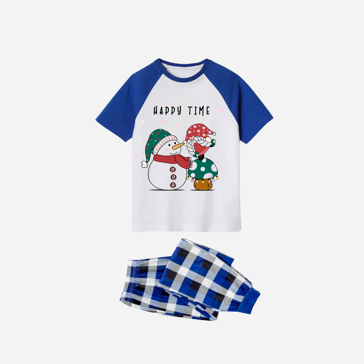 Blue Plaid Short Sleeve Christmas Pajamas Set With Snowman and Gnome and "Happy Time" Text Print