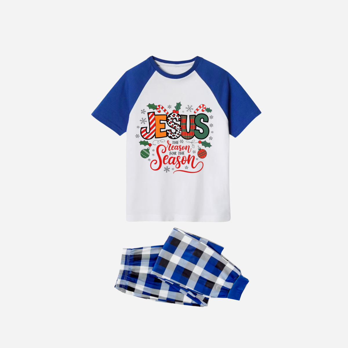 "Jesus is the REASON for the Season" Matching Christmas Short Pajamas Set - Blue and White Plaid Pajamas