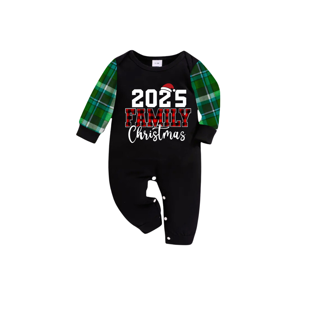 2025 Family Christmas Family Pajamas Set - Black Top, Green Pants, Blue-Green Plaid Sleeves, Letter Print