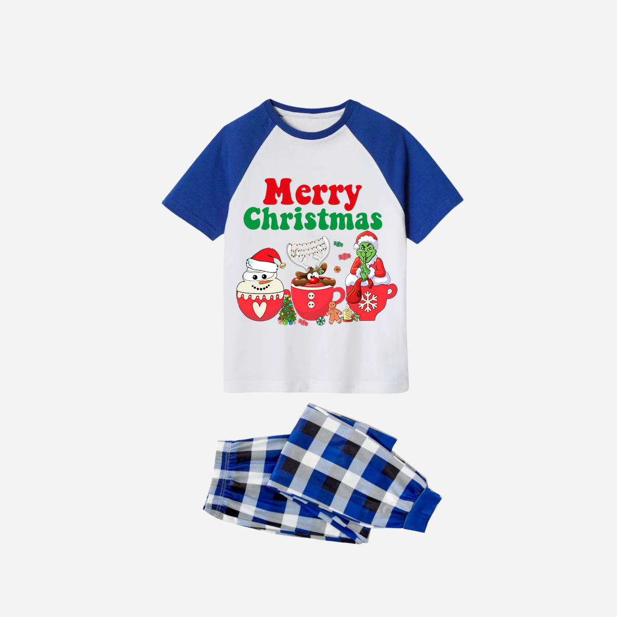 Blue Plaid Short Sleeve Christmas Pajamas Set With "Merry Christmas" and Cartoon Pattern Print