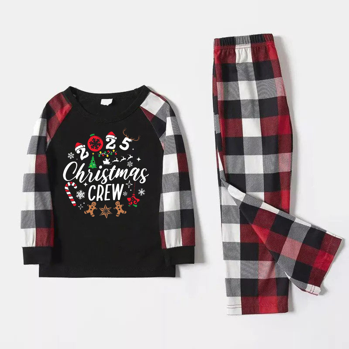 "2025 Christmas CREW " Text Printed Pattern - Black Top with Red&Black&White Plaid Sleeves - Family Matching Pajamas