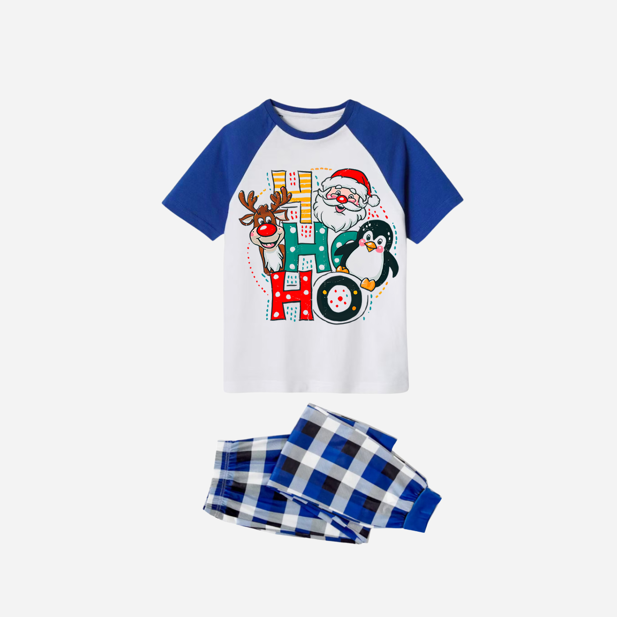 Blue Plaid Short Sleeve Christmas Pajamas Set With "HO HO HO" Pattern Print