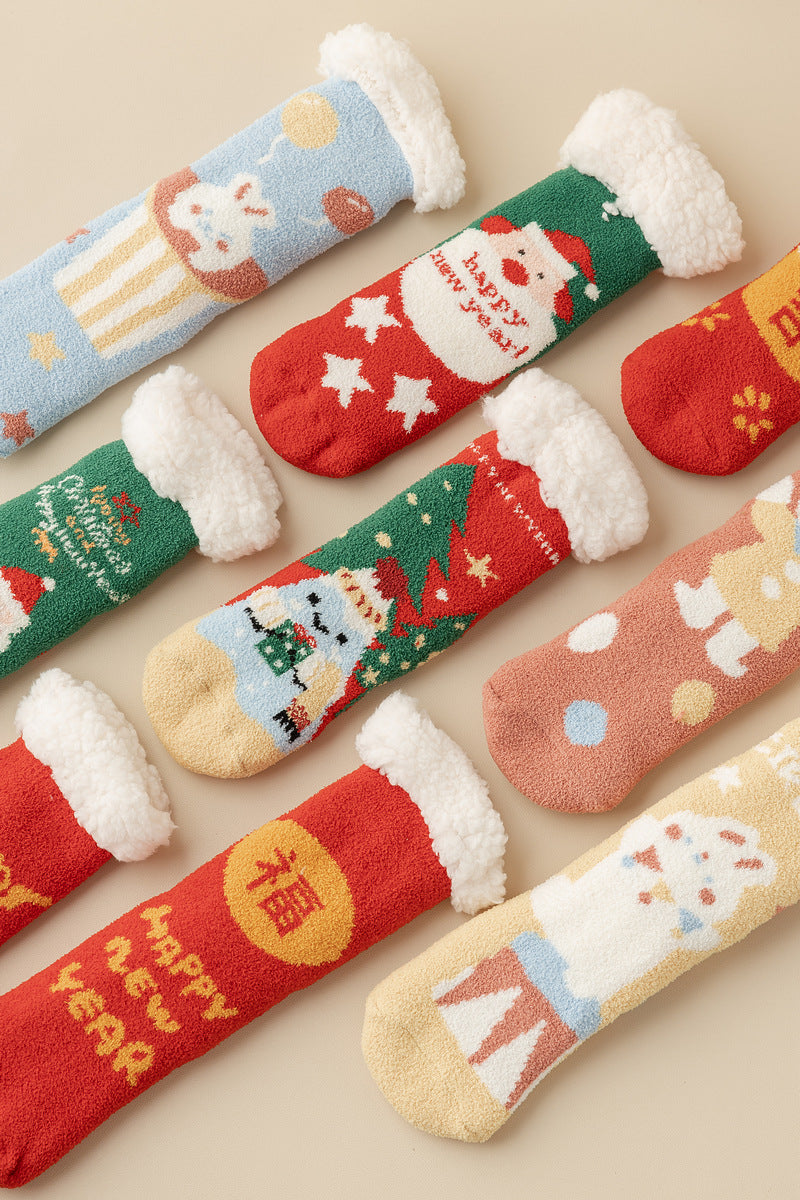Lamb Velvet Socks Women's Winter Sleep Socks Silicone Non-Slip Floor Socks Christmas Red Socks
