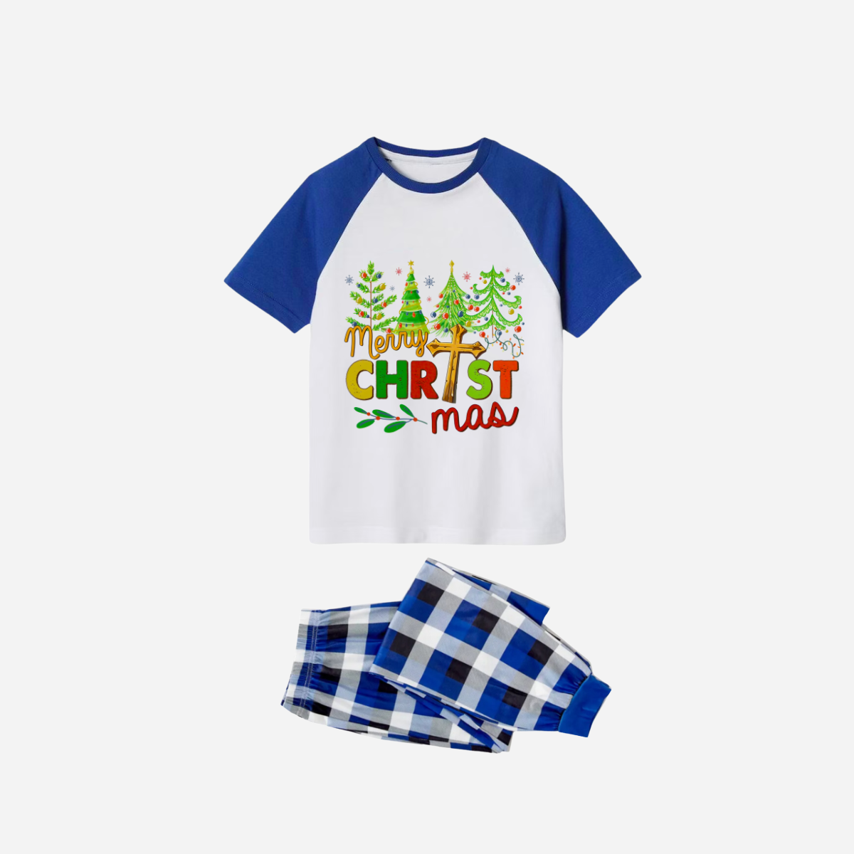 Merry Christmas Trees Family Christmas Pajamas Set - White Top with Blue Sleeves and Blue Plaid Pants
